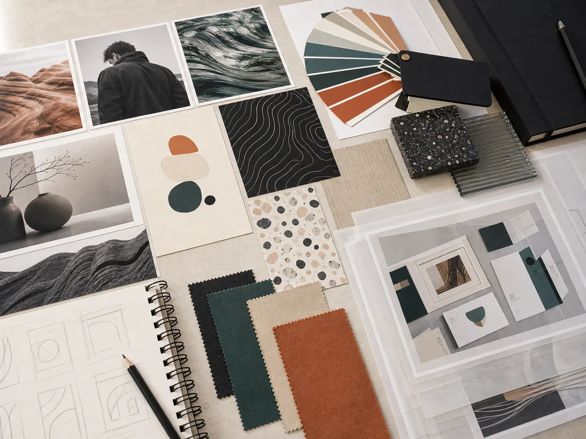 Moodboard de identidad visual con texturas, patrones y referencias