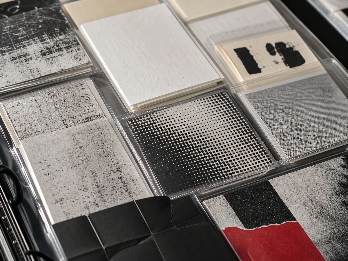 Texturas de papel, grano y trama organizadas para diseño gráfico