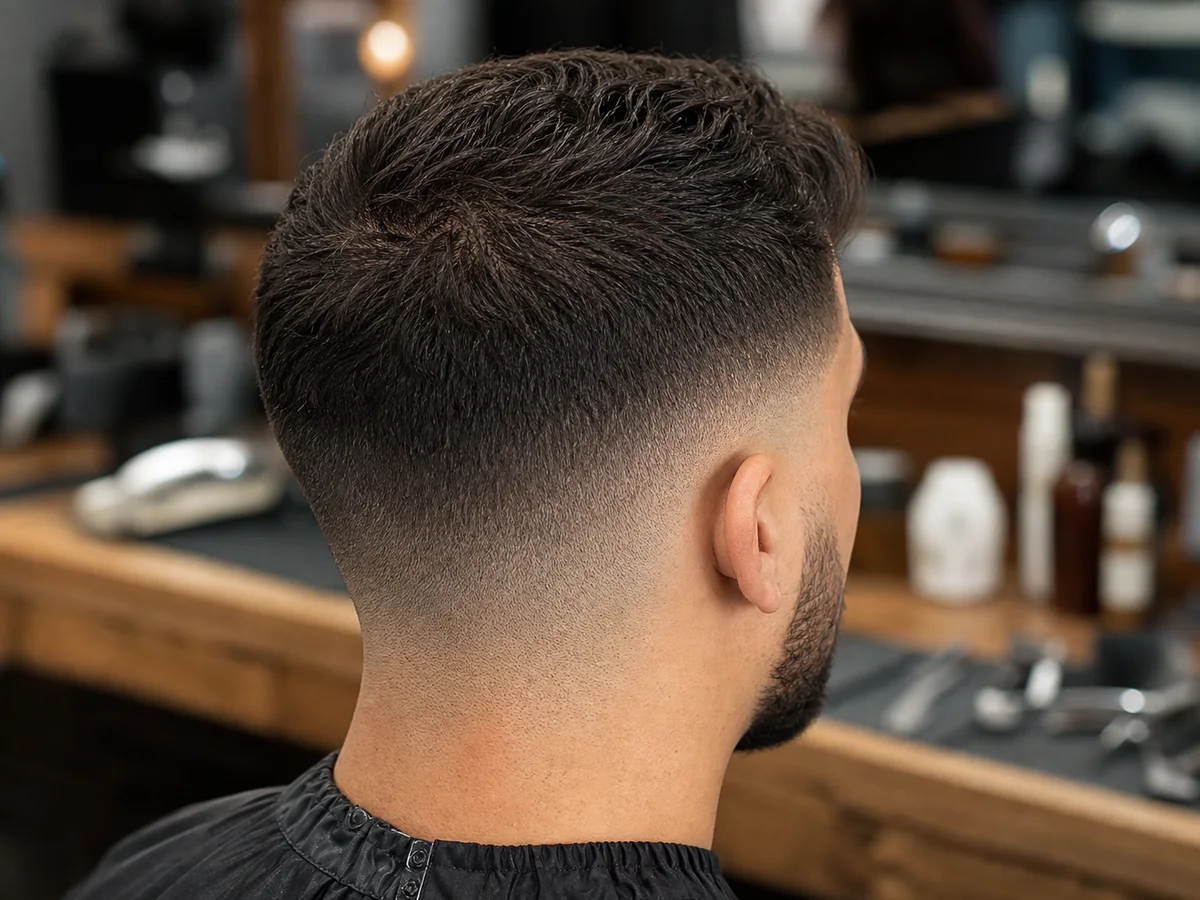 Referencia de corte degradado bajo en una barbería moderna